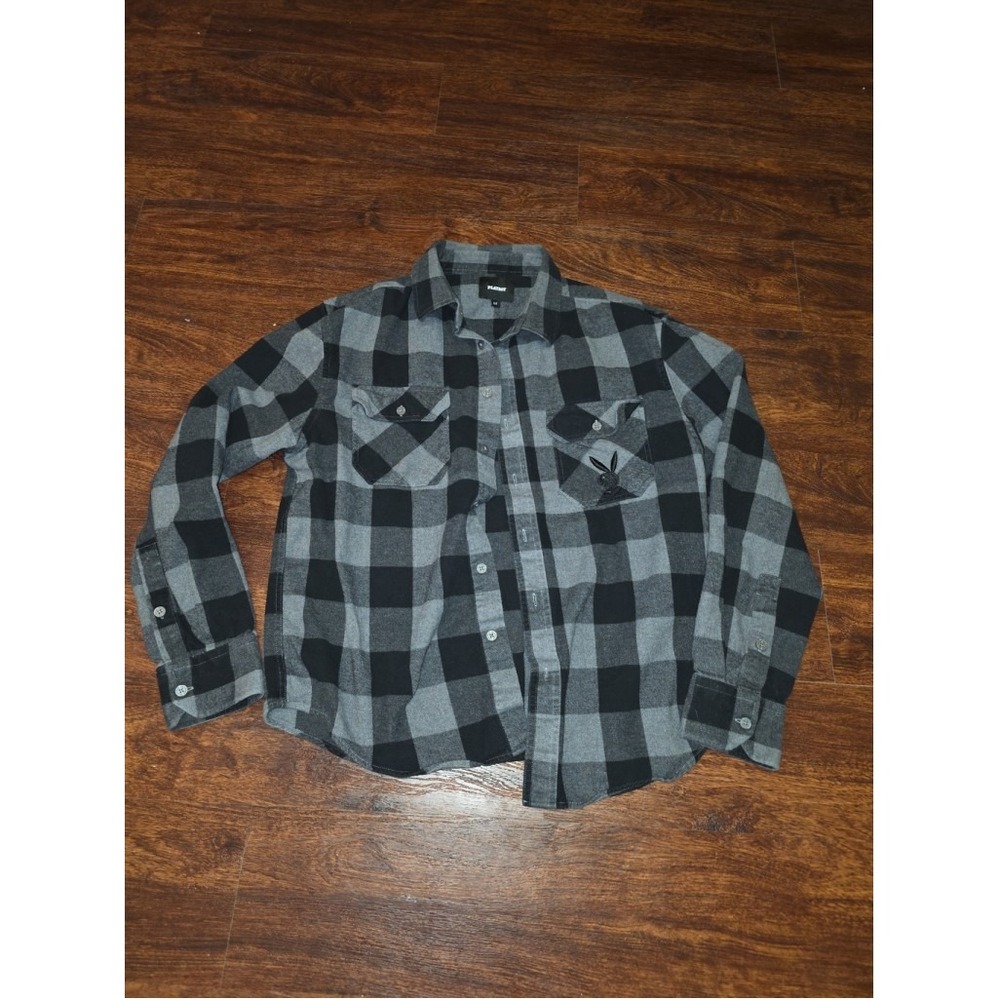 Playboy Mens Grey Black Plaid Flannel Shirt Embroidered Bunny Logo Size M